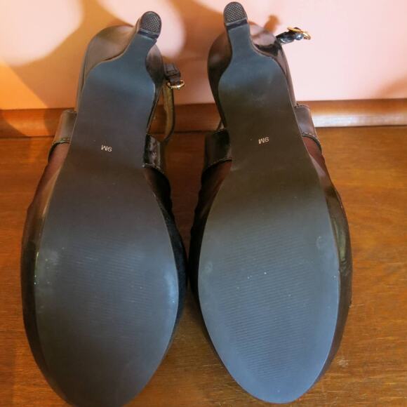 VIGOSS Heels Peep Toe Sling Back Shoes Size 9M Fabric/Patent Leather Brown - Picture 5 of 7